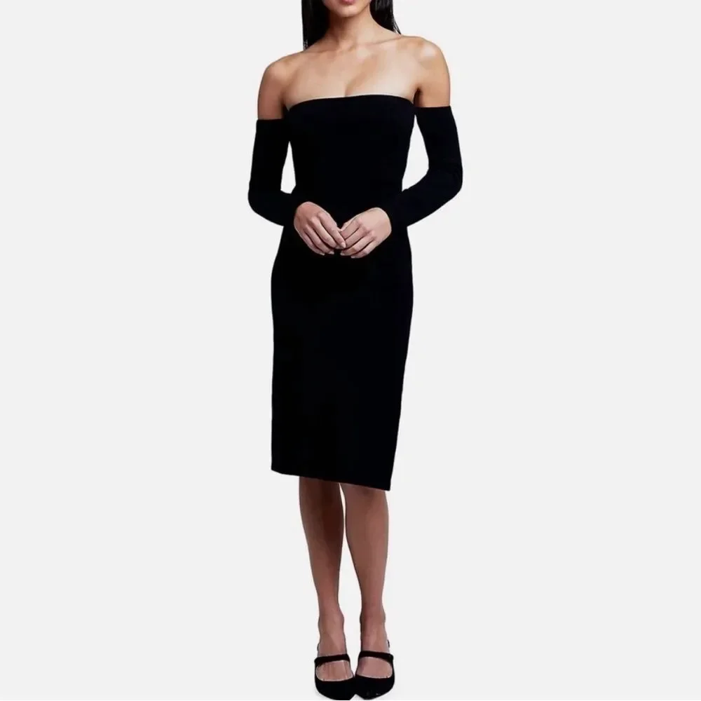 L’Agence Felicia Black Knit Off The Shoulder Fitted Bodycon Dress Size XXS